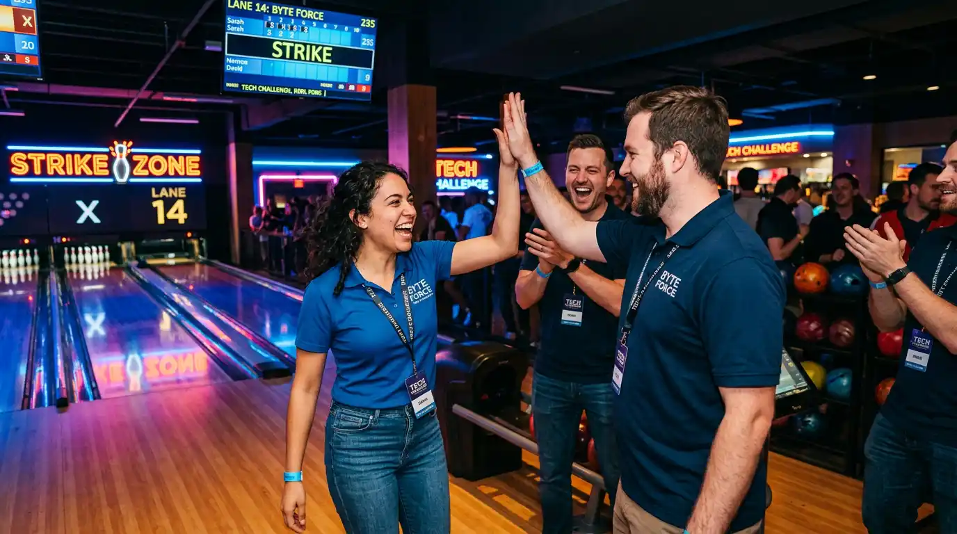 People smiling after bowling in a tournament